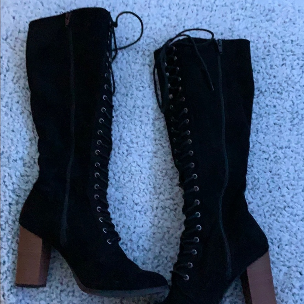 black knee high lace up boots